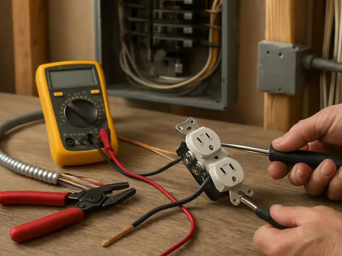Hands use screwdrivers to test a wired outlet with a multimeter on a wooden workbench