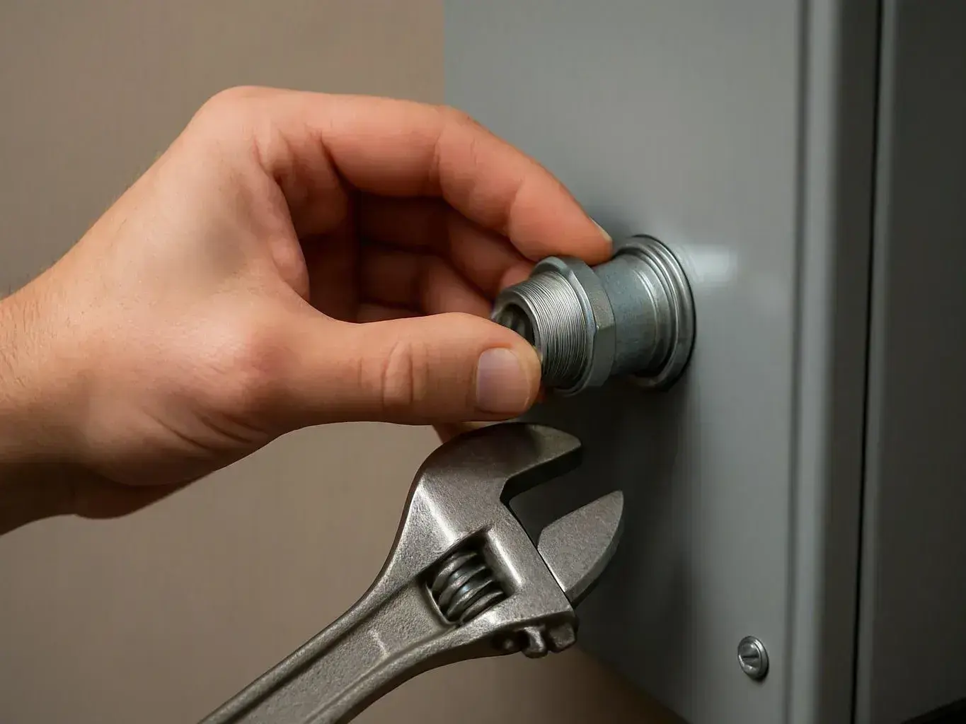 Hand tightening a metal fitting on a gray electrical cabinet with an adjustable
