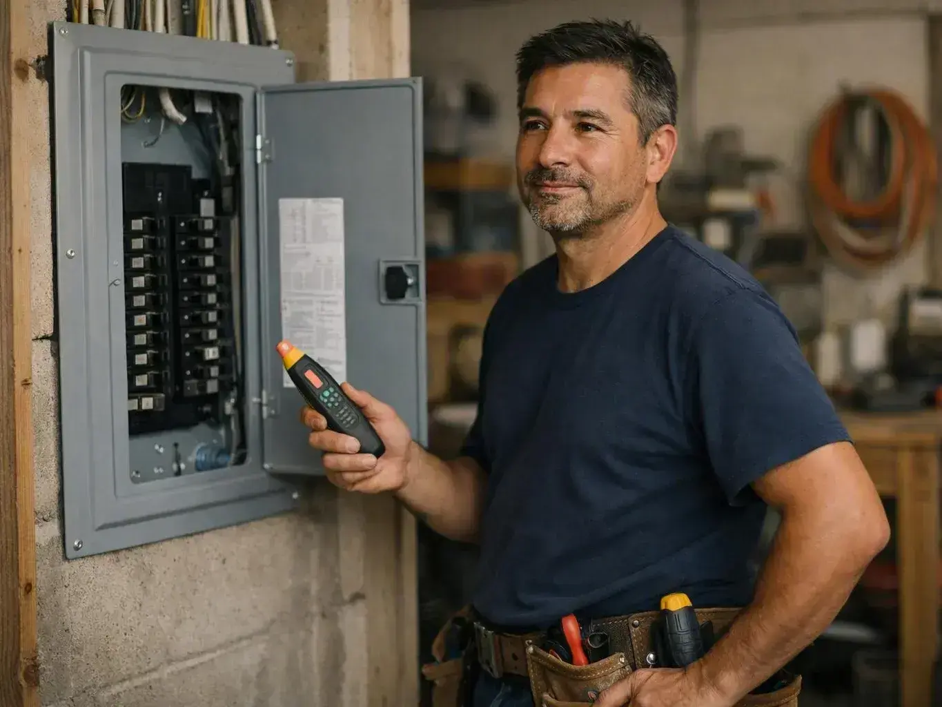 Man checks an open electrical panel with a voltage tester in a workshop