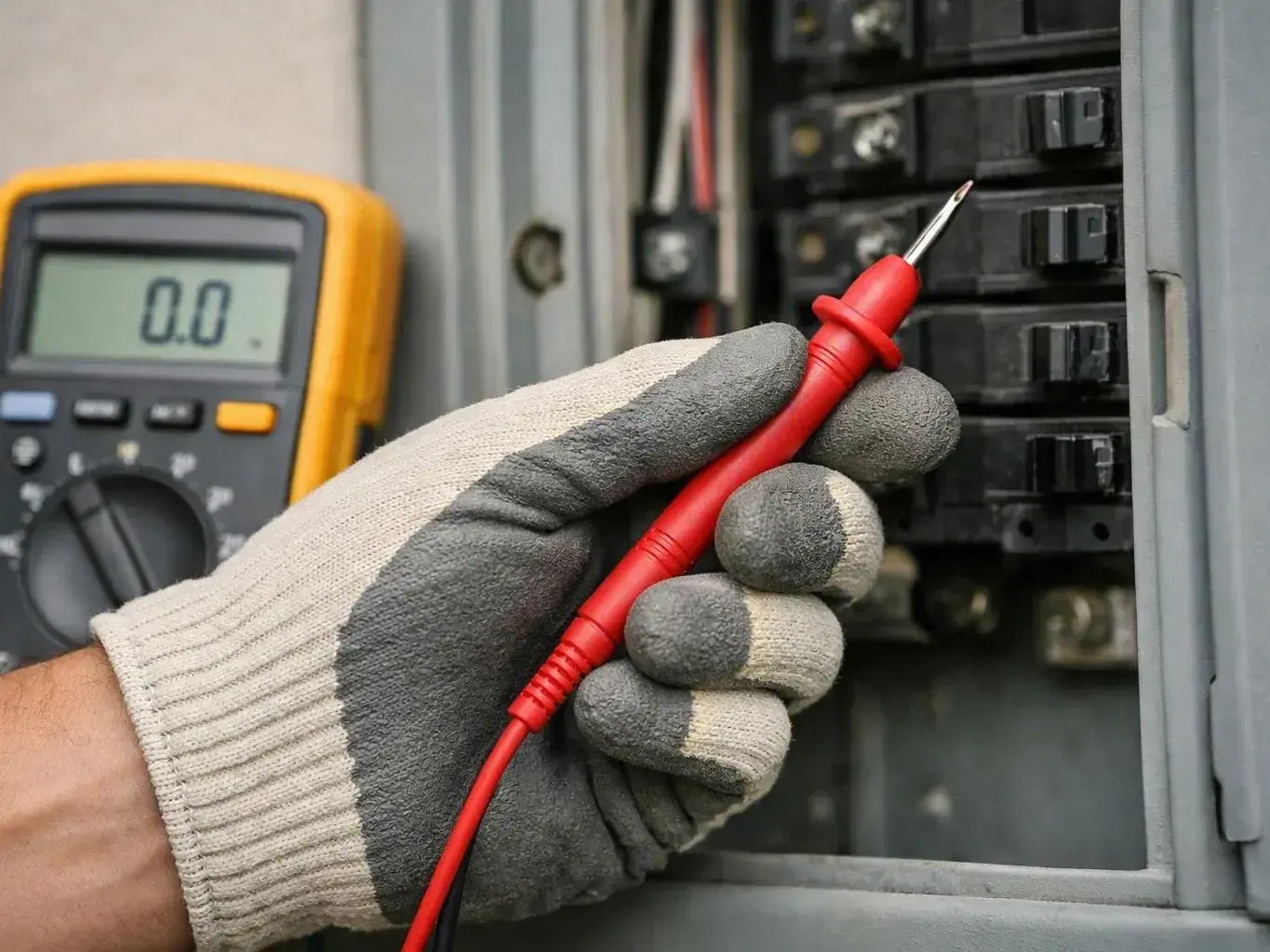 Gloved hand testing an electrical breaker panel with a red multimeter probe