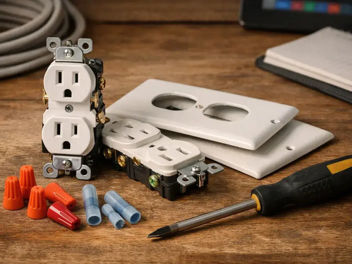 Electrical outlets, wall plates, wire connectors, and a screwdriver arranged on