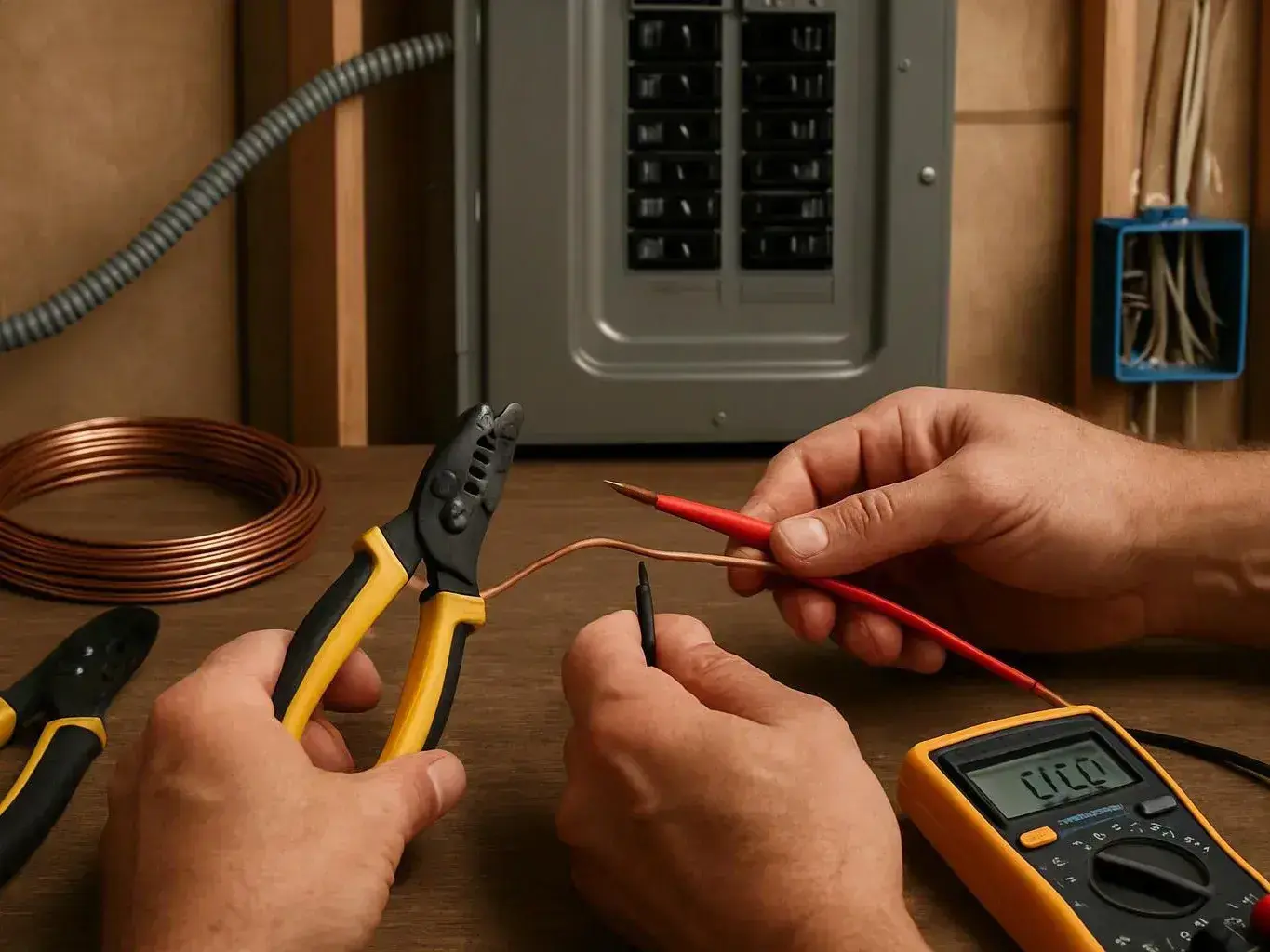 Hands test electrical wiring with pliers, test leads, and a multimeter on a