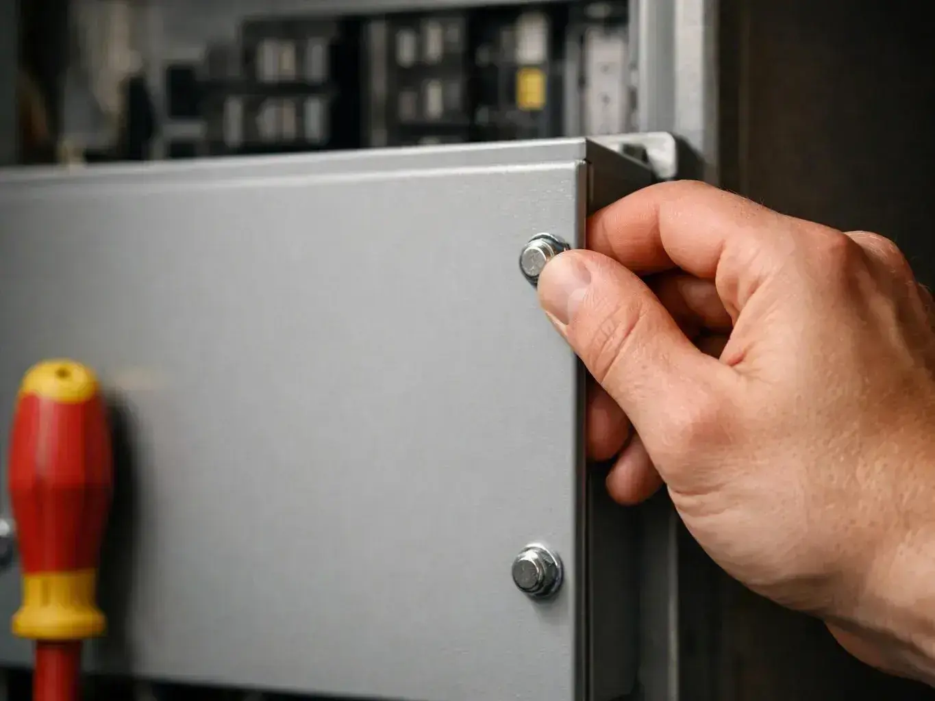 Hand loosening a screw on a gray metal electrical panel inside a workspace