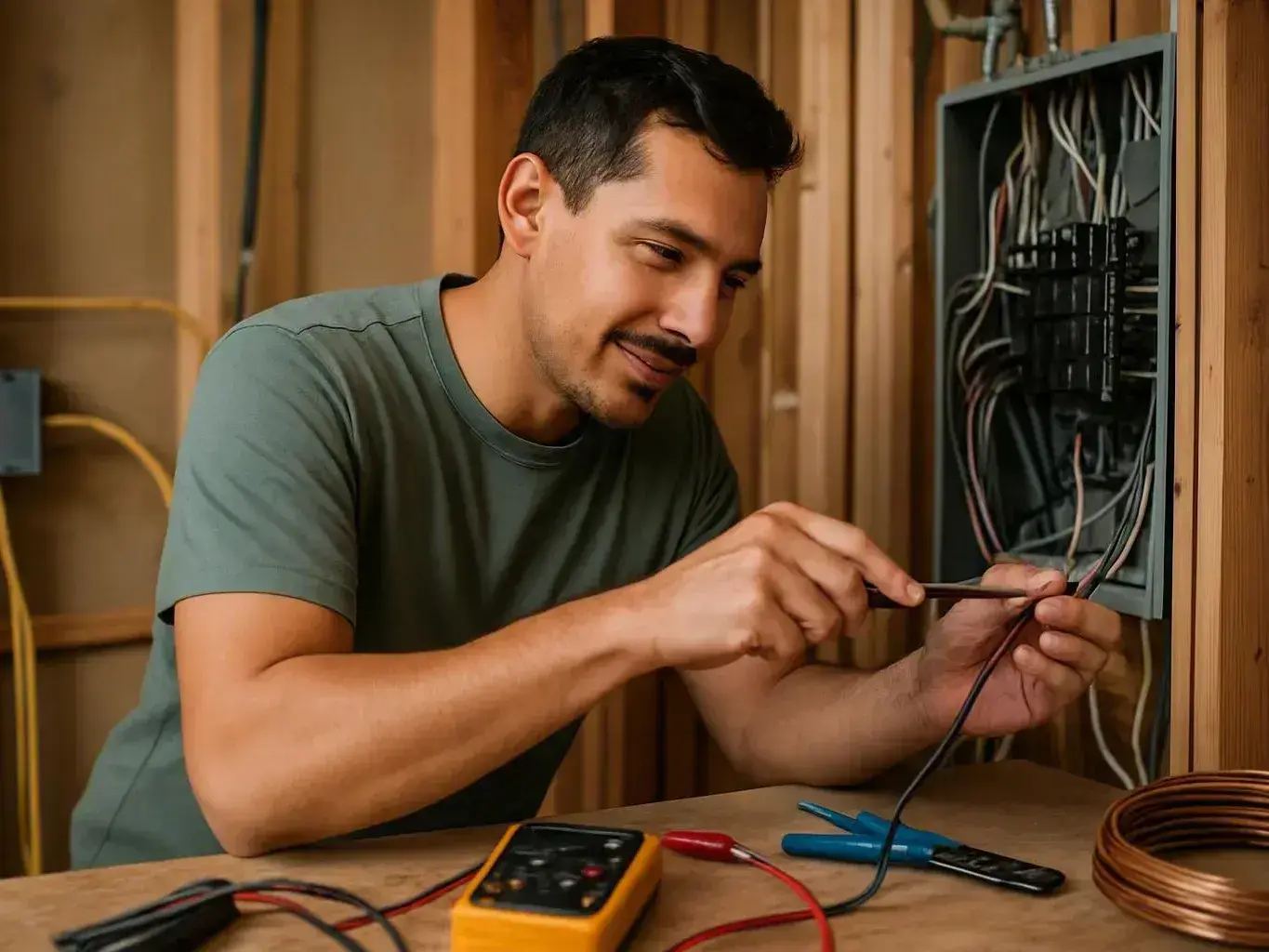 Electrician uses a screwdriver to service an open electrical panel with exposed
