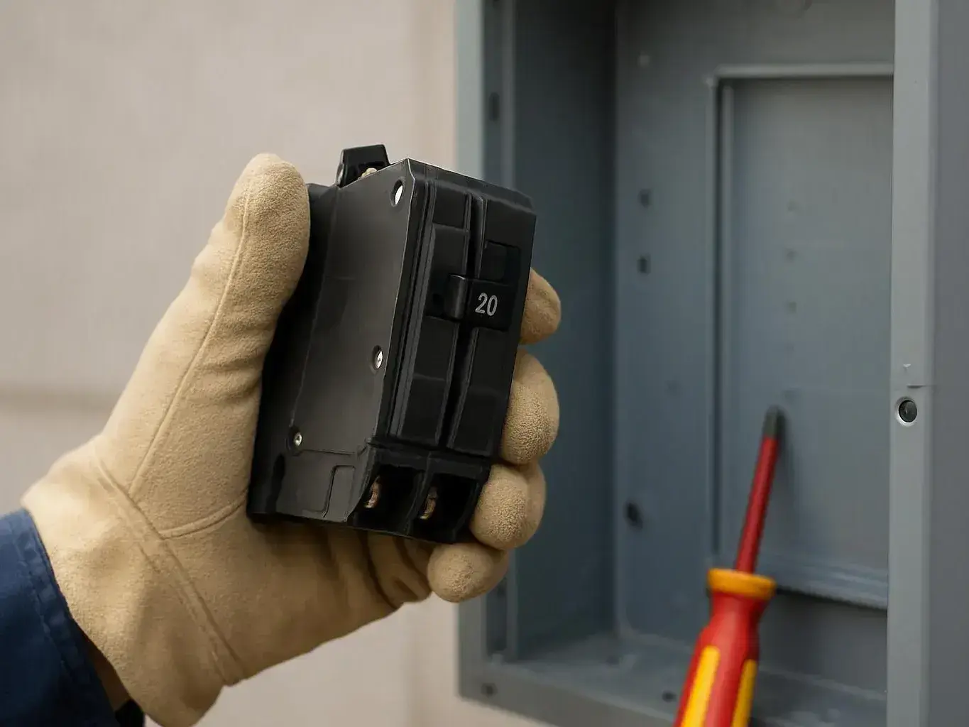Gloved hand holds a 20-amp circuit breaker beside an open electrical panel