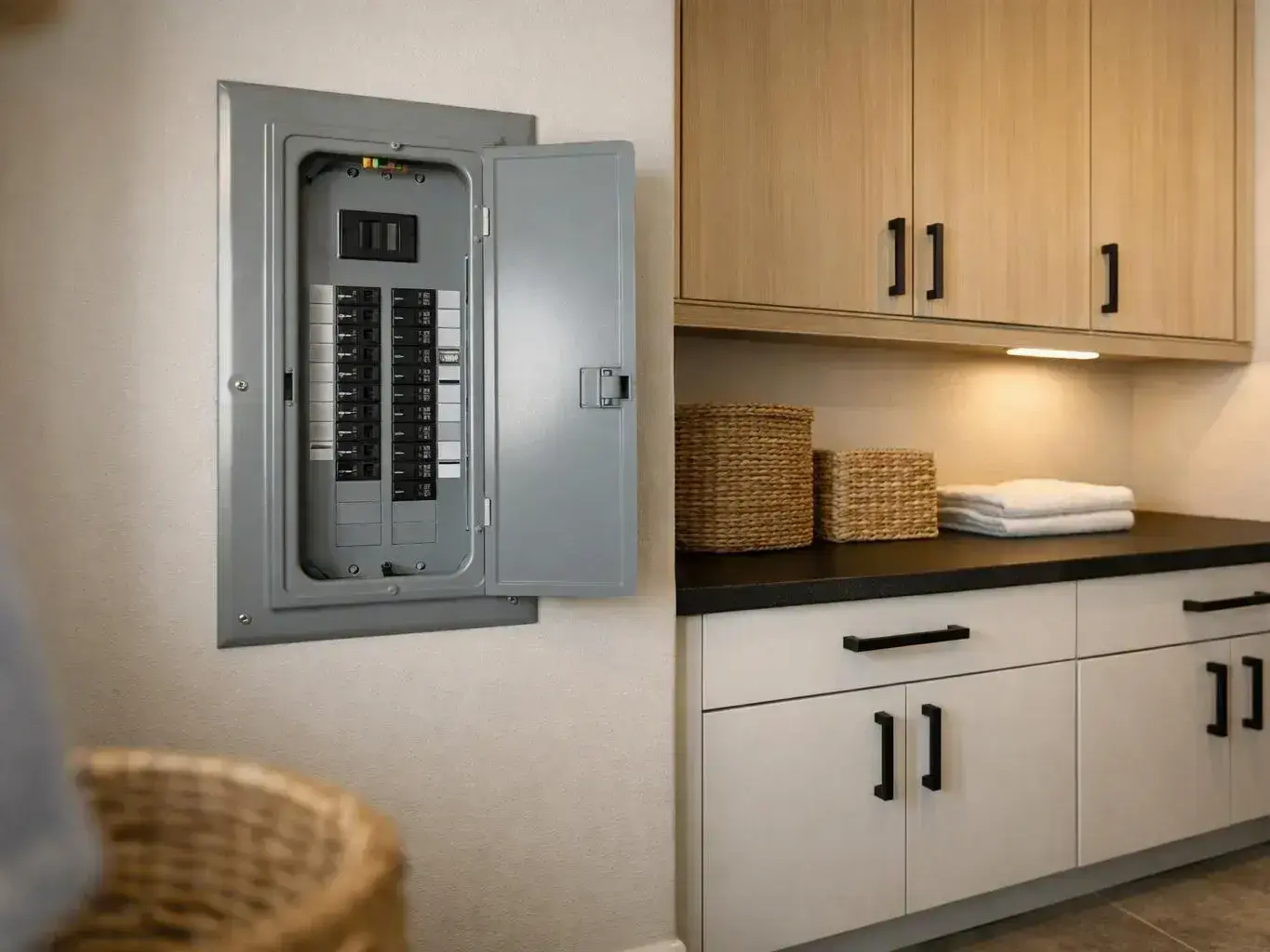 Open electrical breaker panel beside light wood cabinets in a utility room