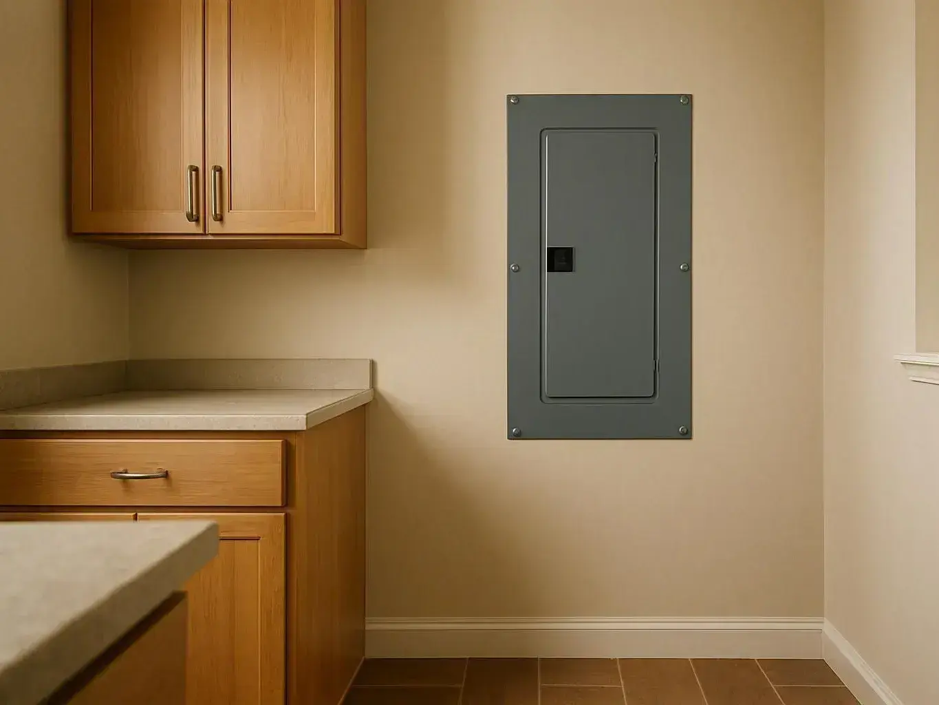 Gray electrical breaker panel installed beside wooden kitchen cabinets and a