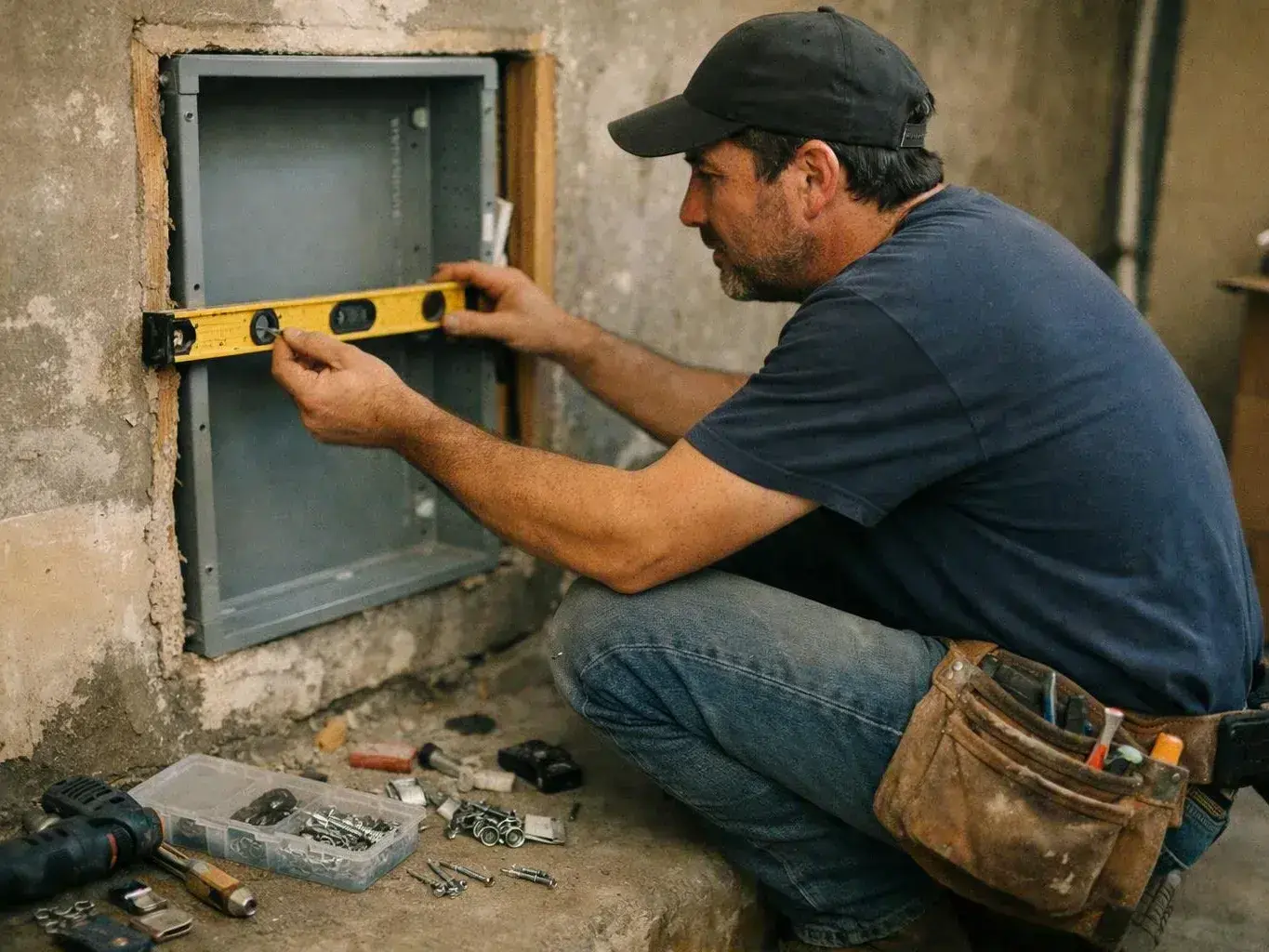 Worker levels a metal electrical box inside a rough concrete wall opening