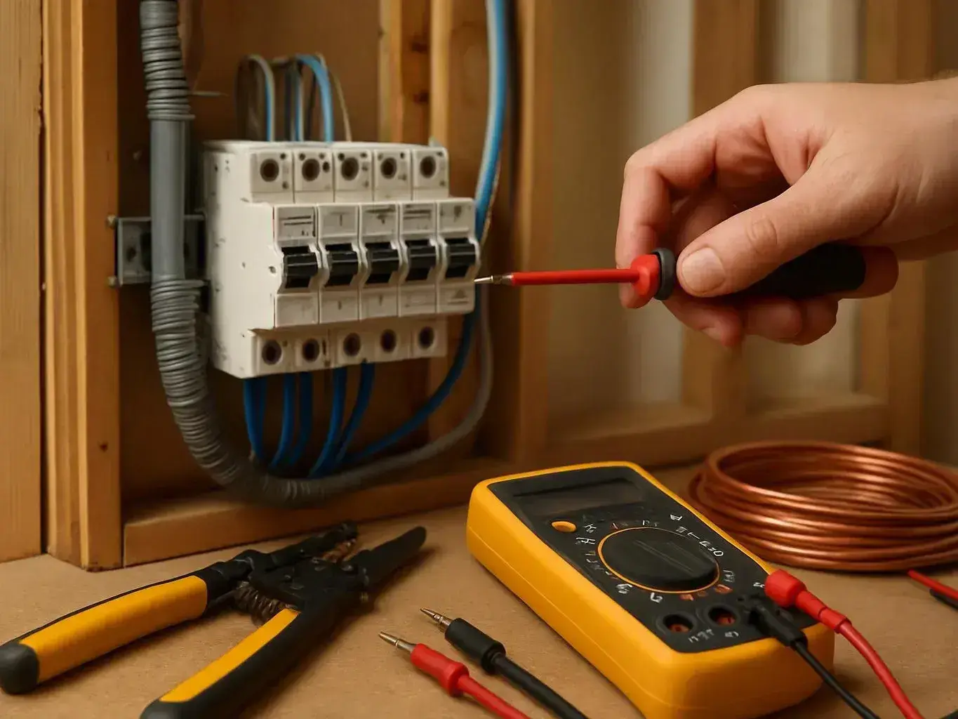 Electrician testing a breaker panel inside a Brea home