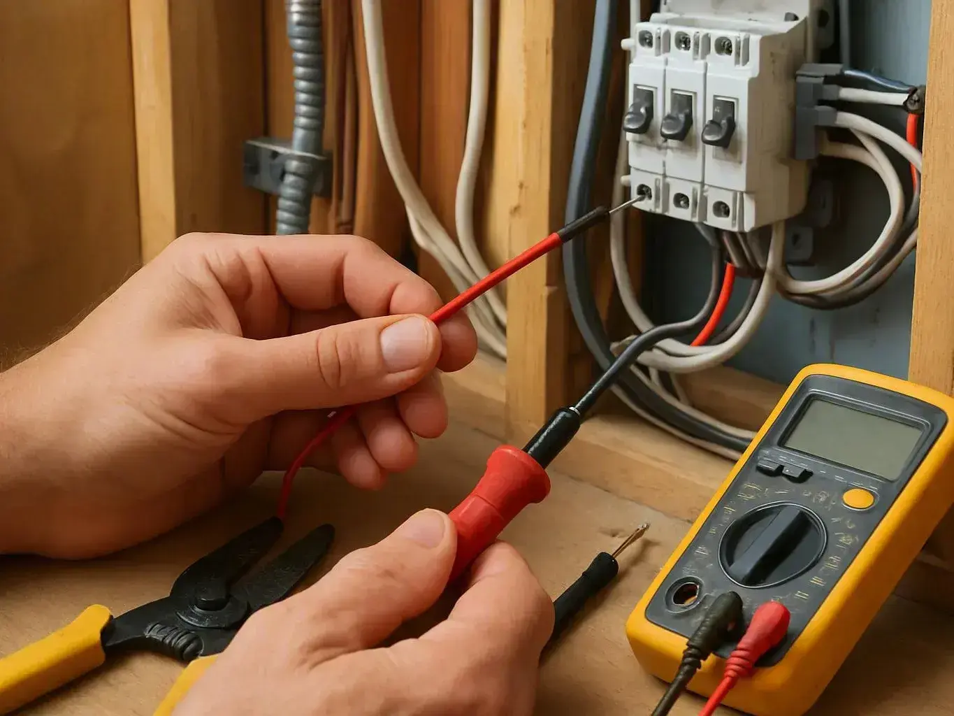 Hands test wiring inside a wall beside an exposed circuit breaker panel with a