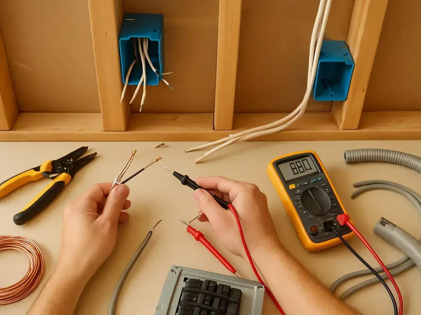 Hands test loose electrical wires at a workbench with pliers, a multimeter, and