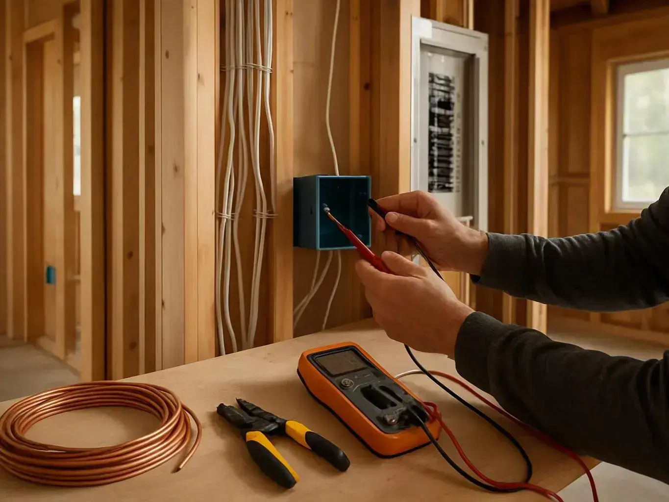 Electrician tests wiring in a framed house wall with a meter, wires, and tools