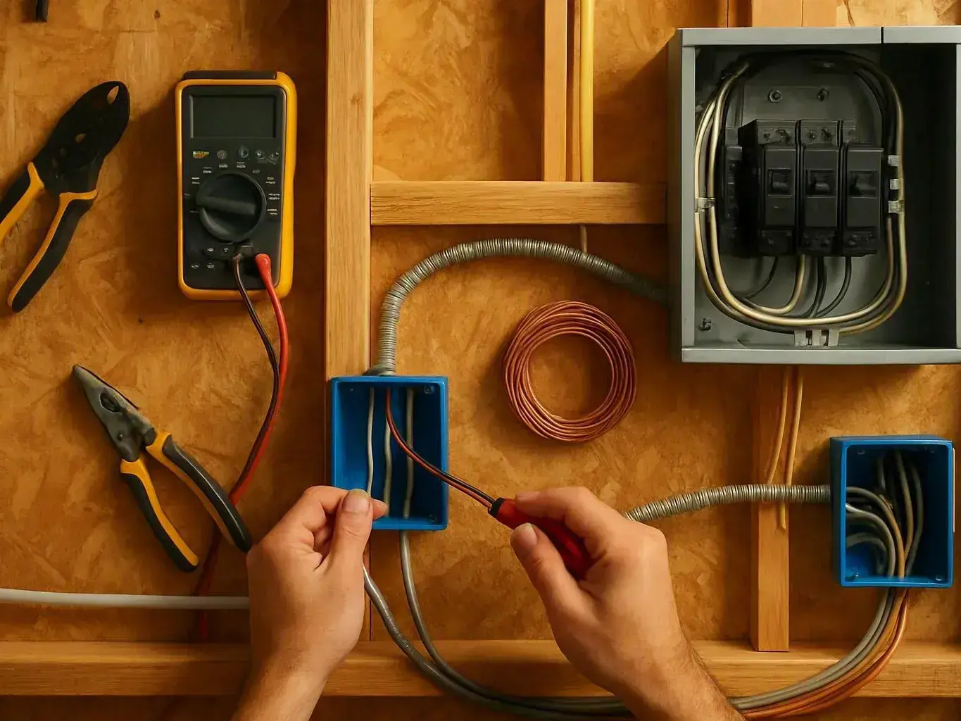 Hands wire an electrical box on a plywood wall beside tools and coiled cable