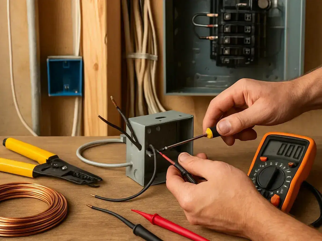 Hands wire a small metal electrical box beside a multimeter and pliers on a