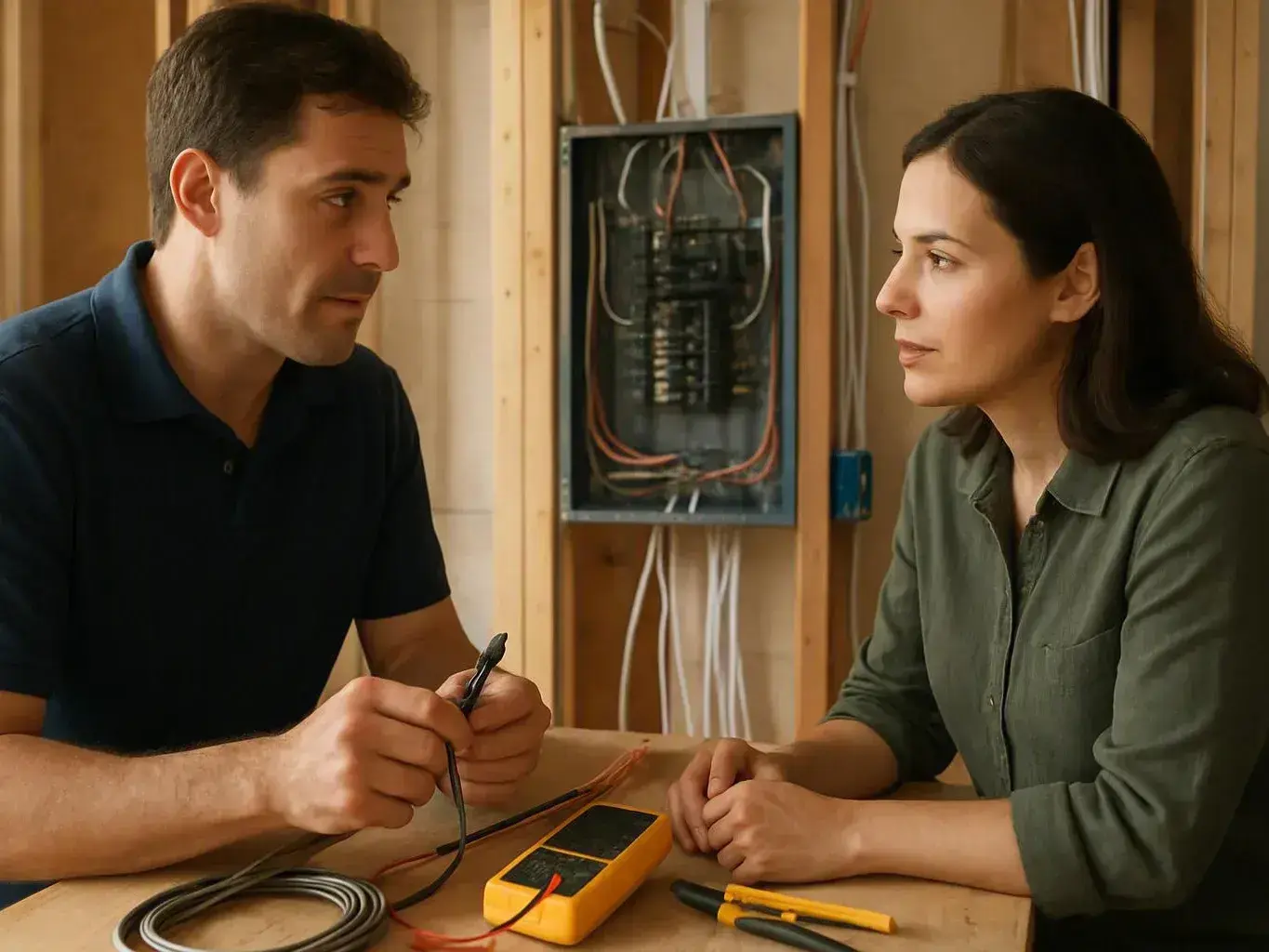 Man and woman inspect electrical wiring with a multimeter at a workbench
