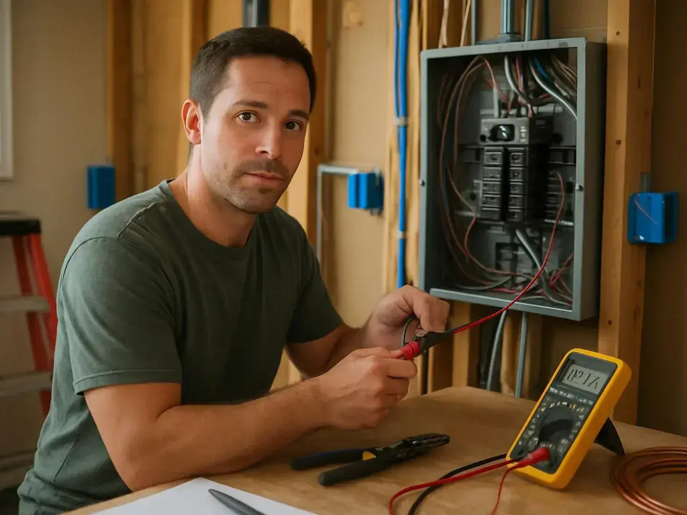 Man tests wiring beside an open electrical panel with a yellow multimeter and