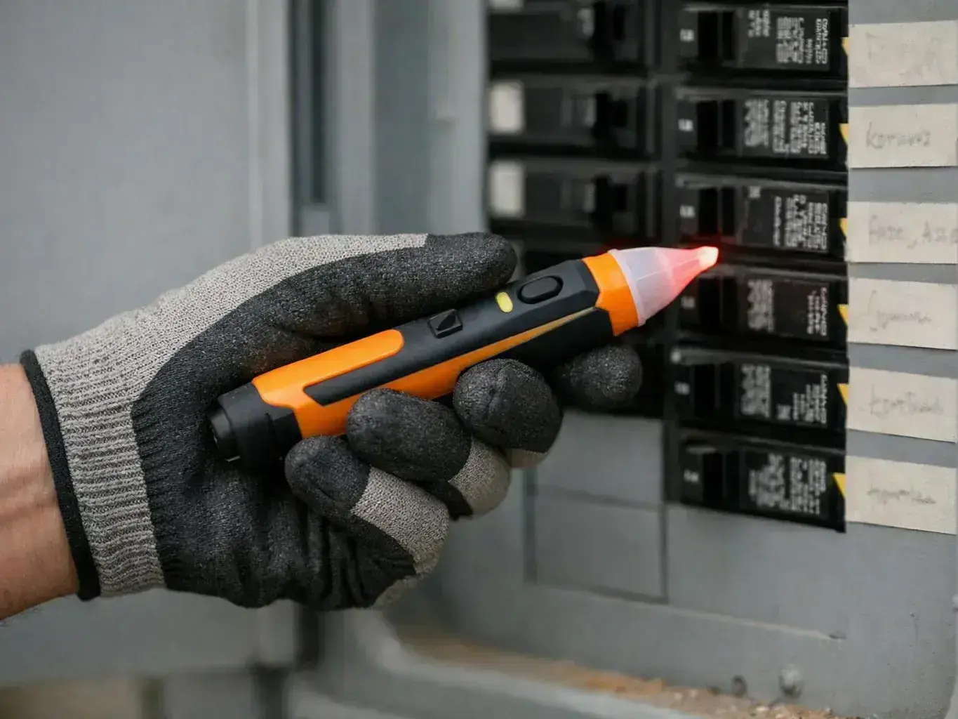 A gloved hand tests a circuit breaker with a glowing voltage pen inside an electrical panel