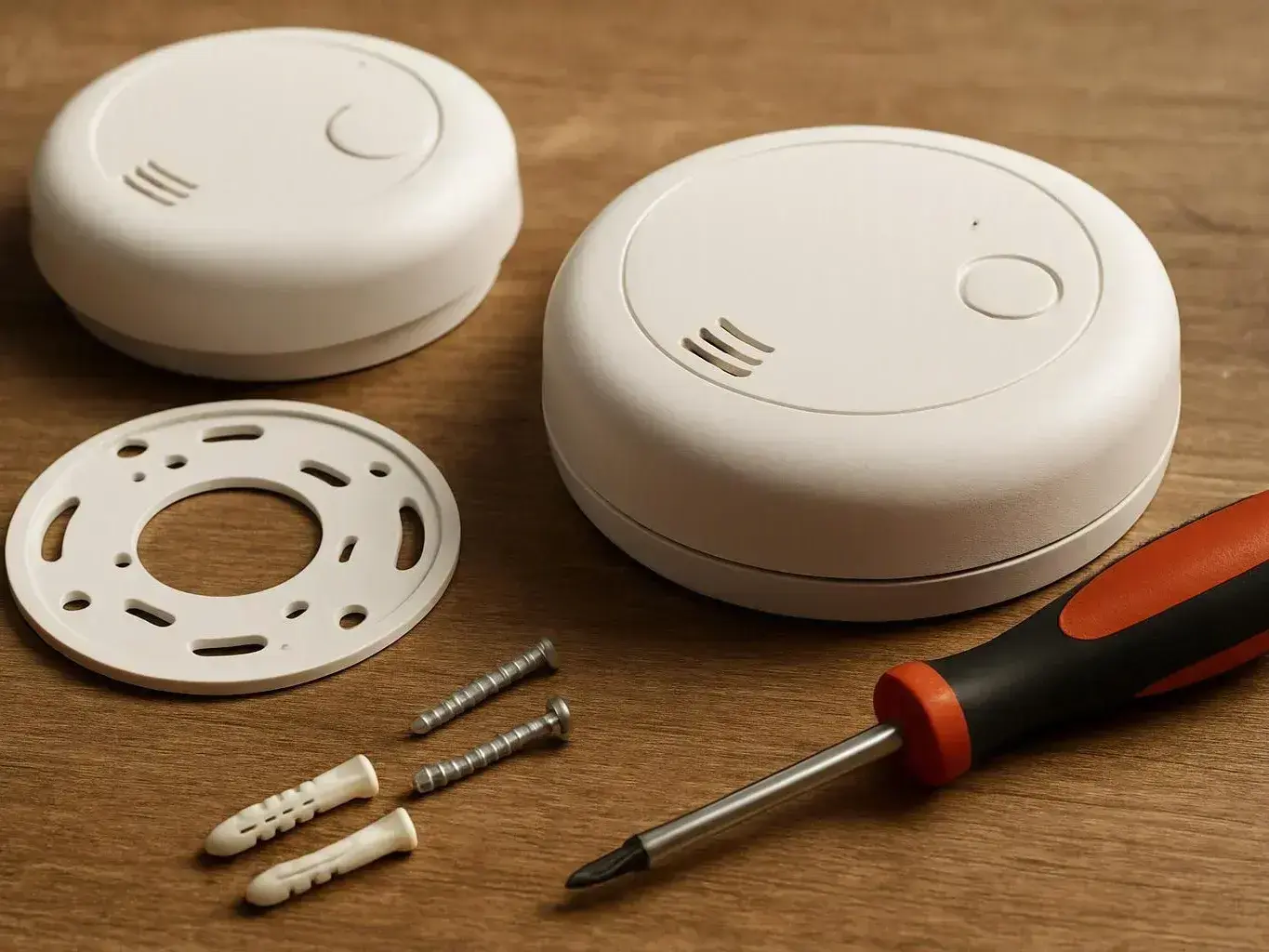 Two white smoke detectors, a mounting plate, screws, anchors, and a screwdriver lie on a wooden surface