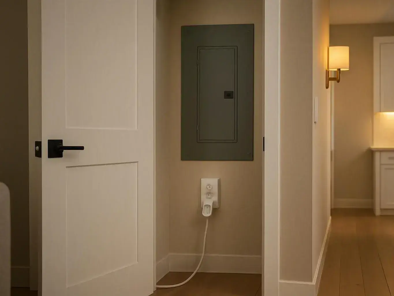 Open hallway door showing an electrical panel and cord-connected wall outlet