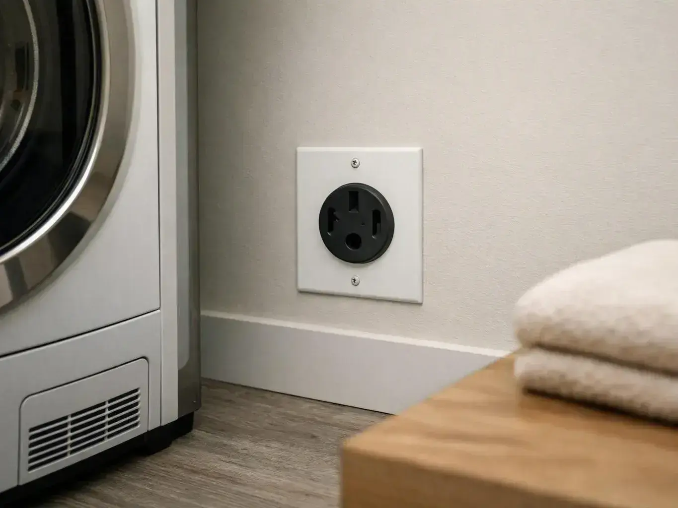 Laundry room outlet beside a front-loading washer and folded towels