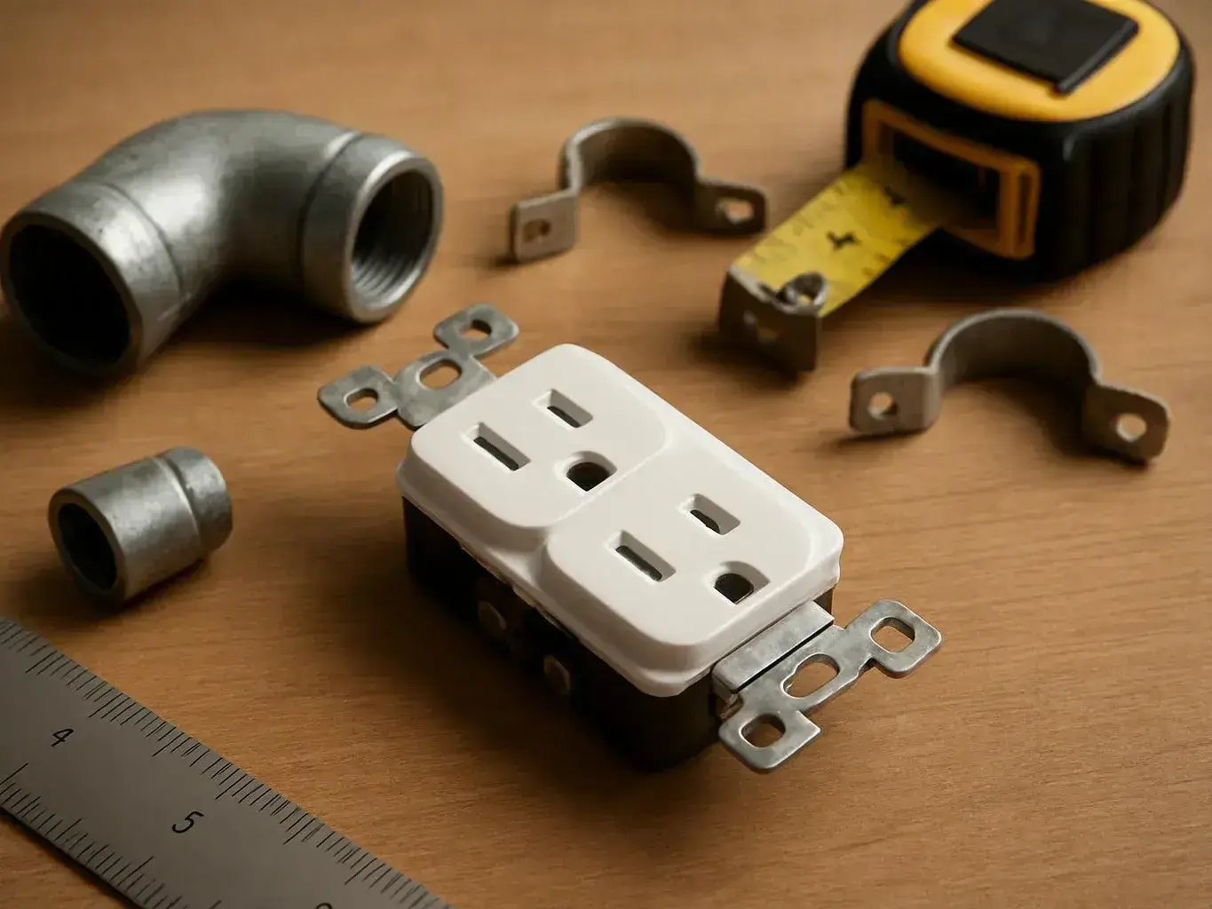 Electrical outlet parts, conduit fittings, and tape measure on a wooden