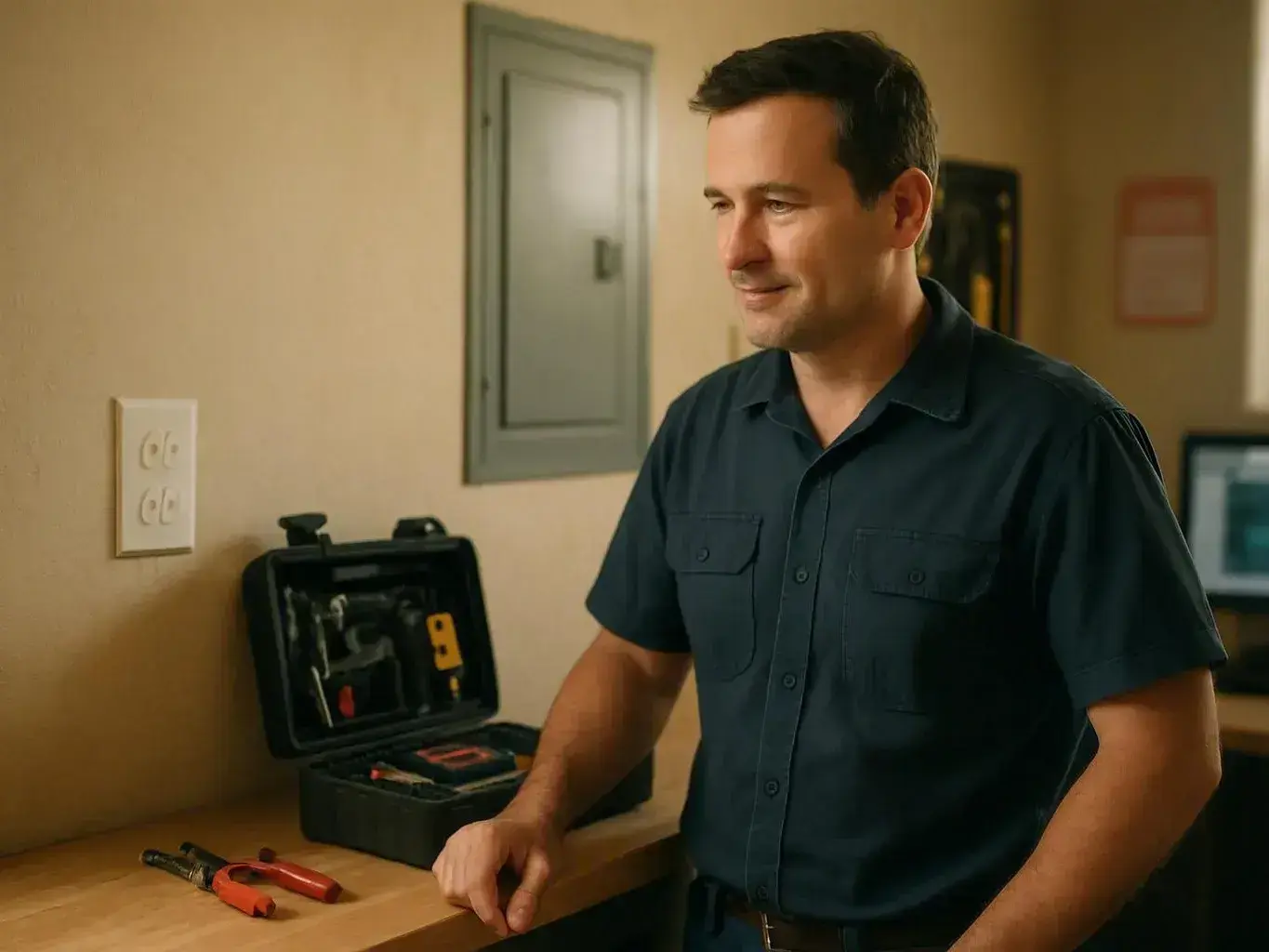 Worker stands beside an open tool case and wire cutters in a beige room