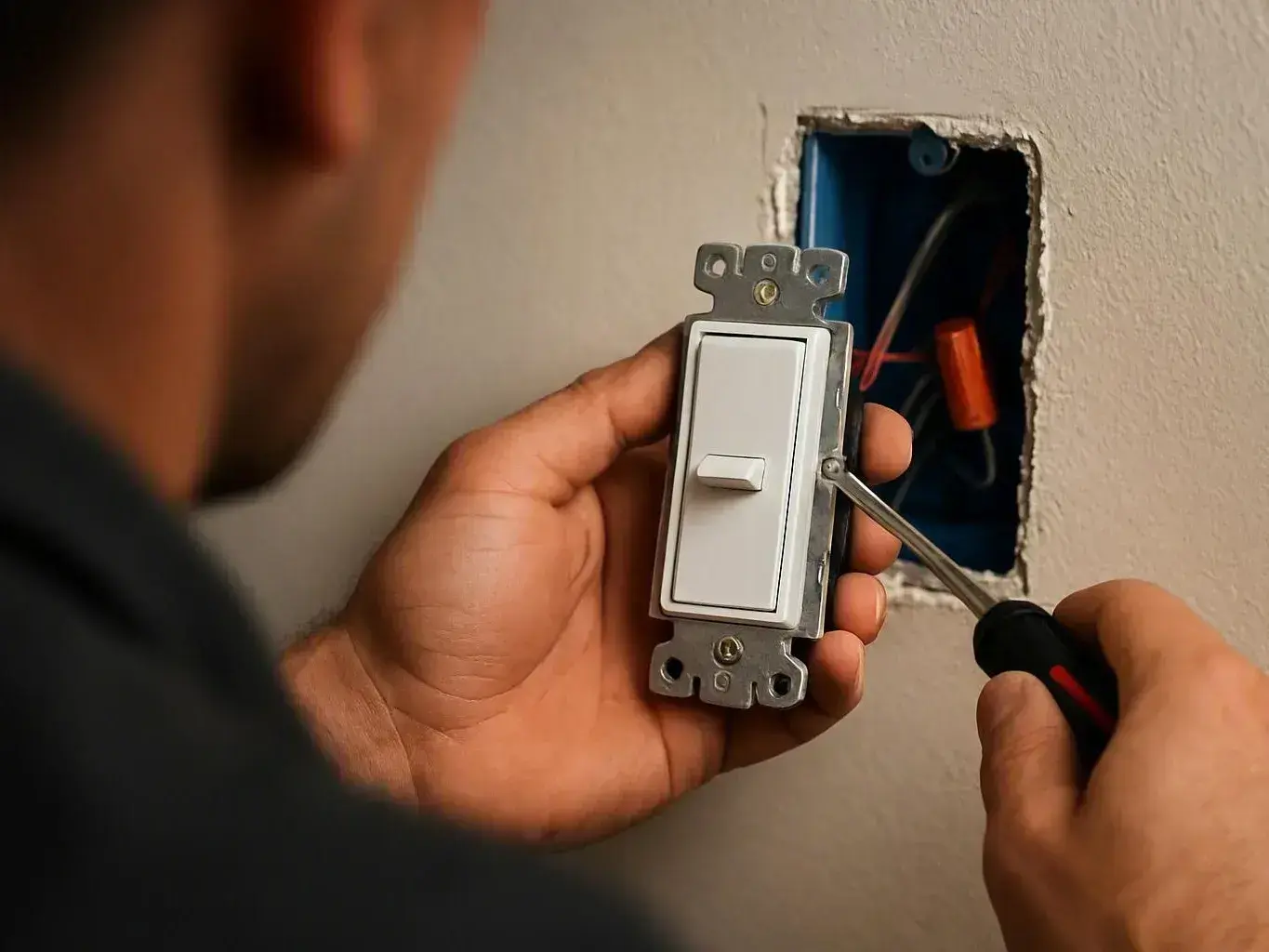 Electrician replacing a GFCI outlet on a wet exterior wall