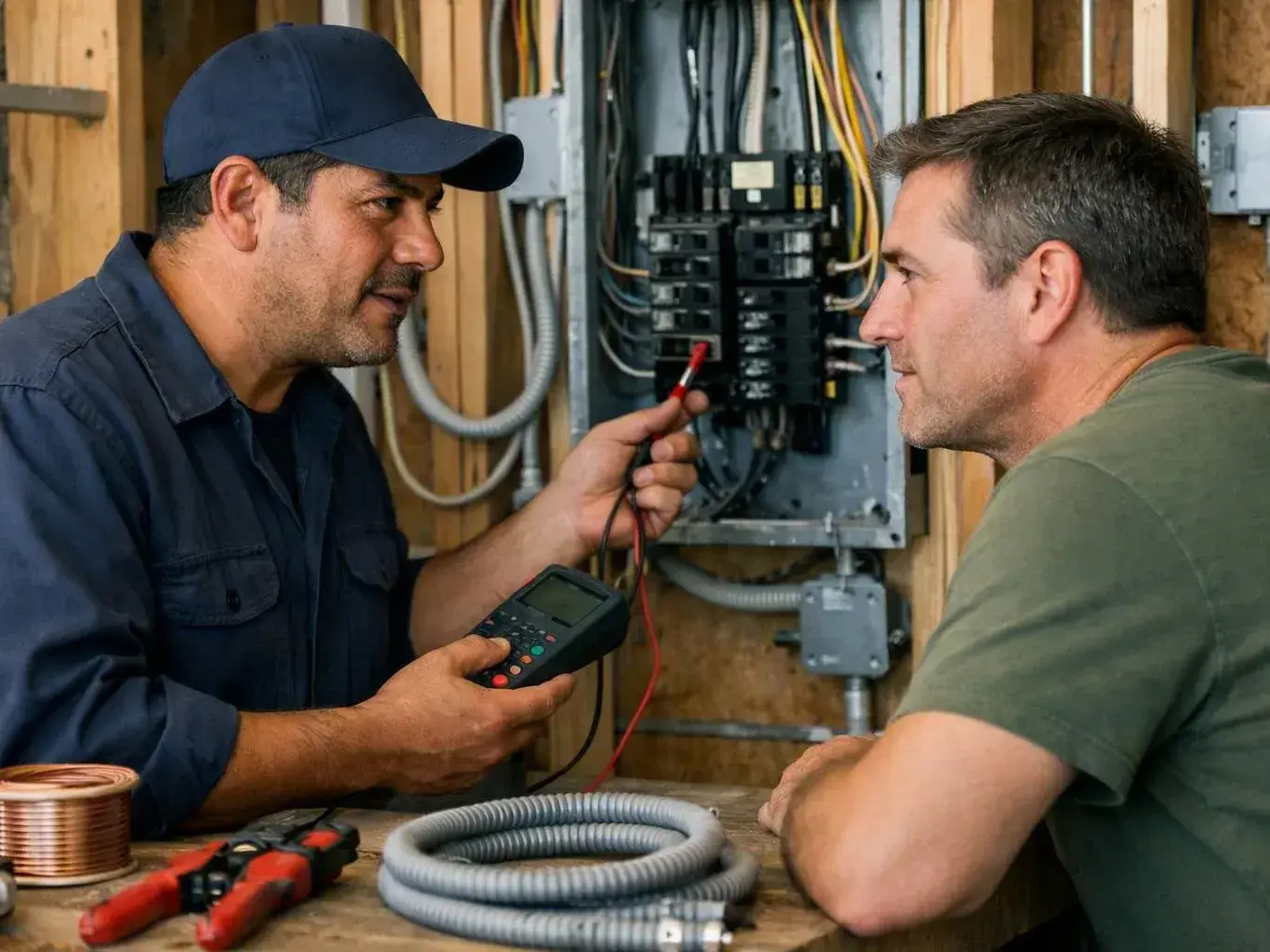 Electrician tracing a circuit in an office panel
