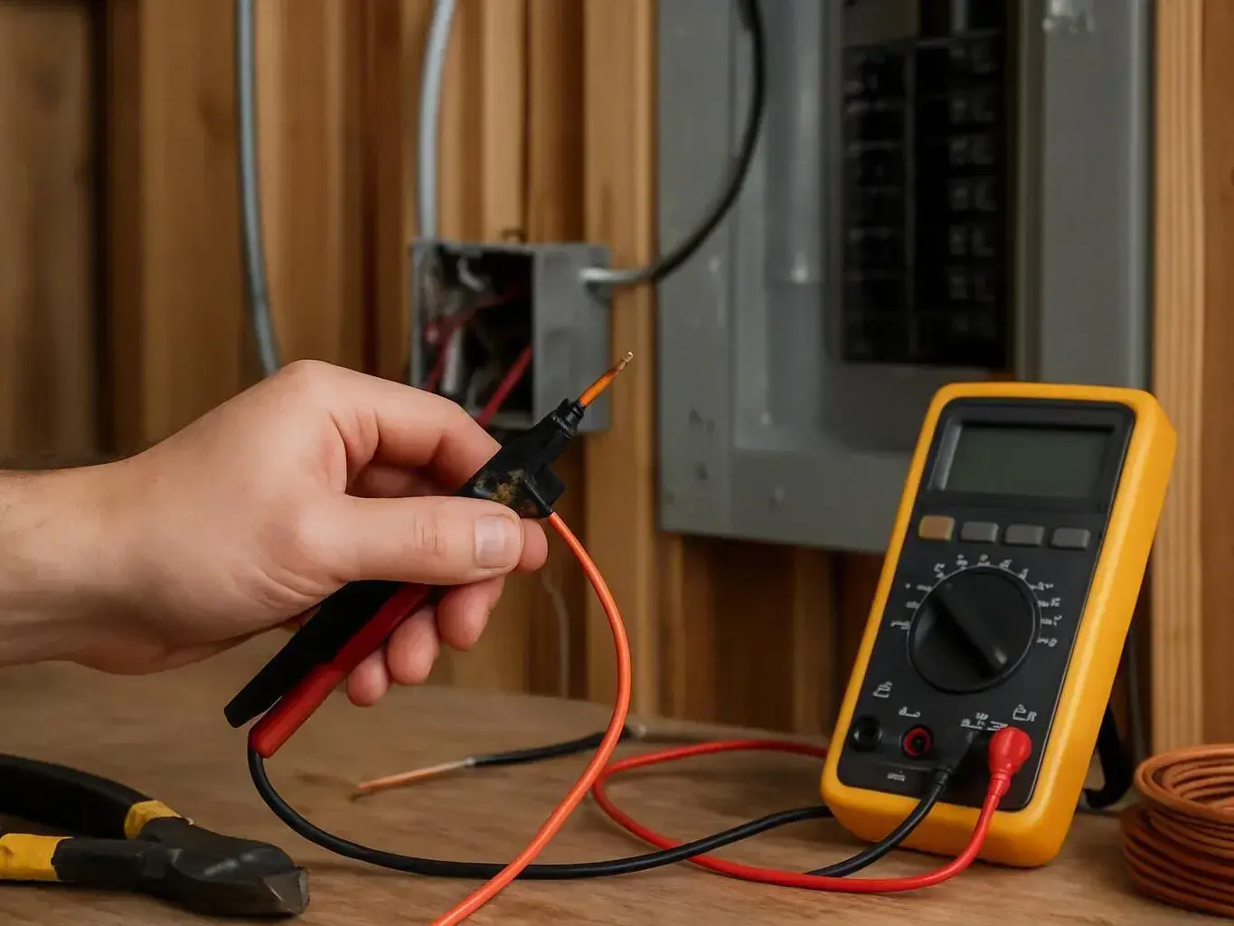 Electrician testing a breaker panel inside a home — Does a Panel Upgrade Need a Permit in Norwalk?