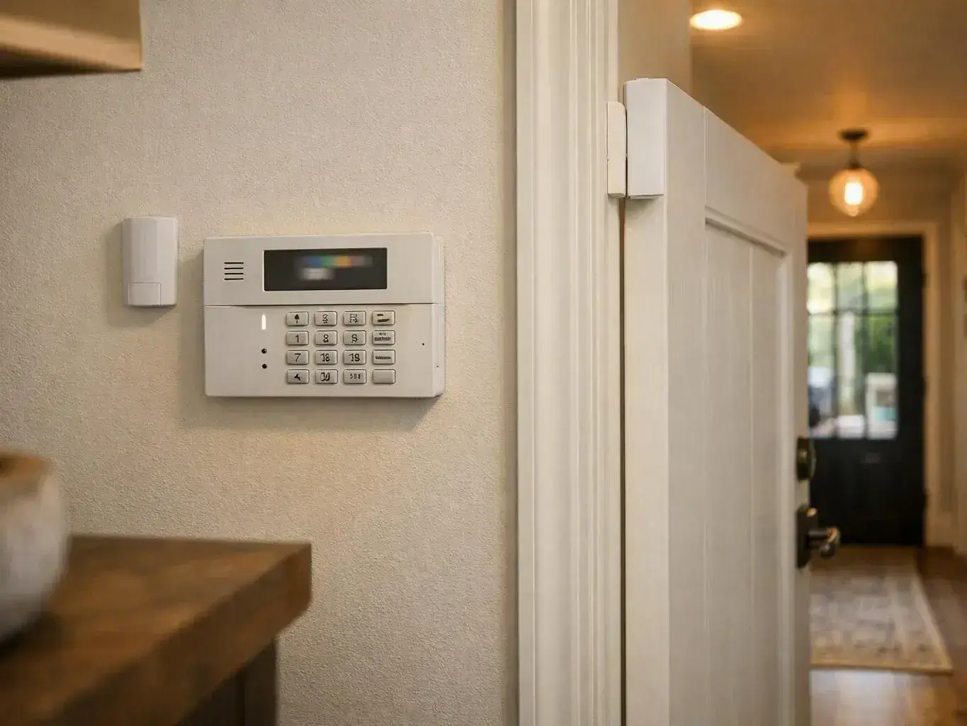 A wall-mounted security keypad sits beside a white door in a softly lit hallway
