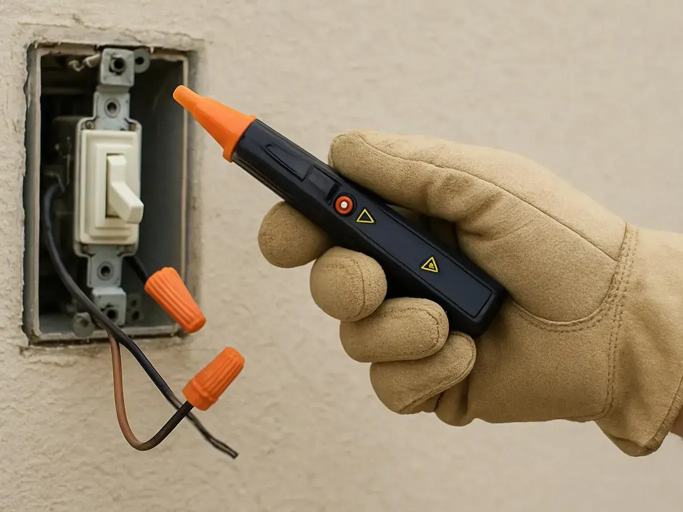 Gloved hand testing exposed wires inside an open light switch box with a
