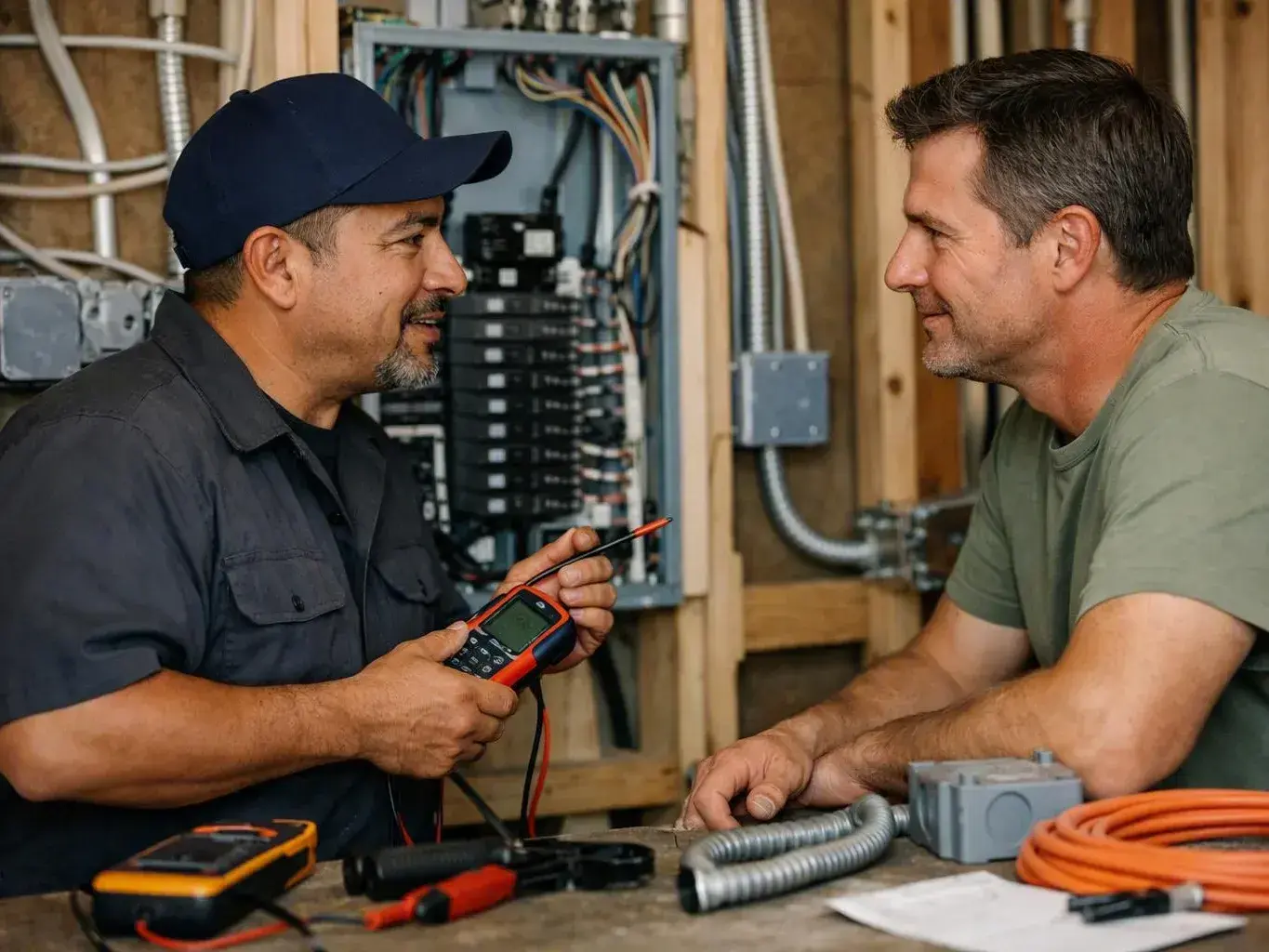 Technician installing an EV charger beside a garage — Does a Panel Upgrade Need a Permit in Norwalk?