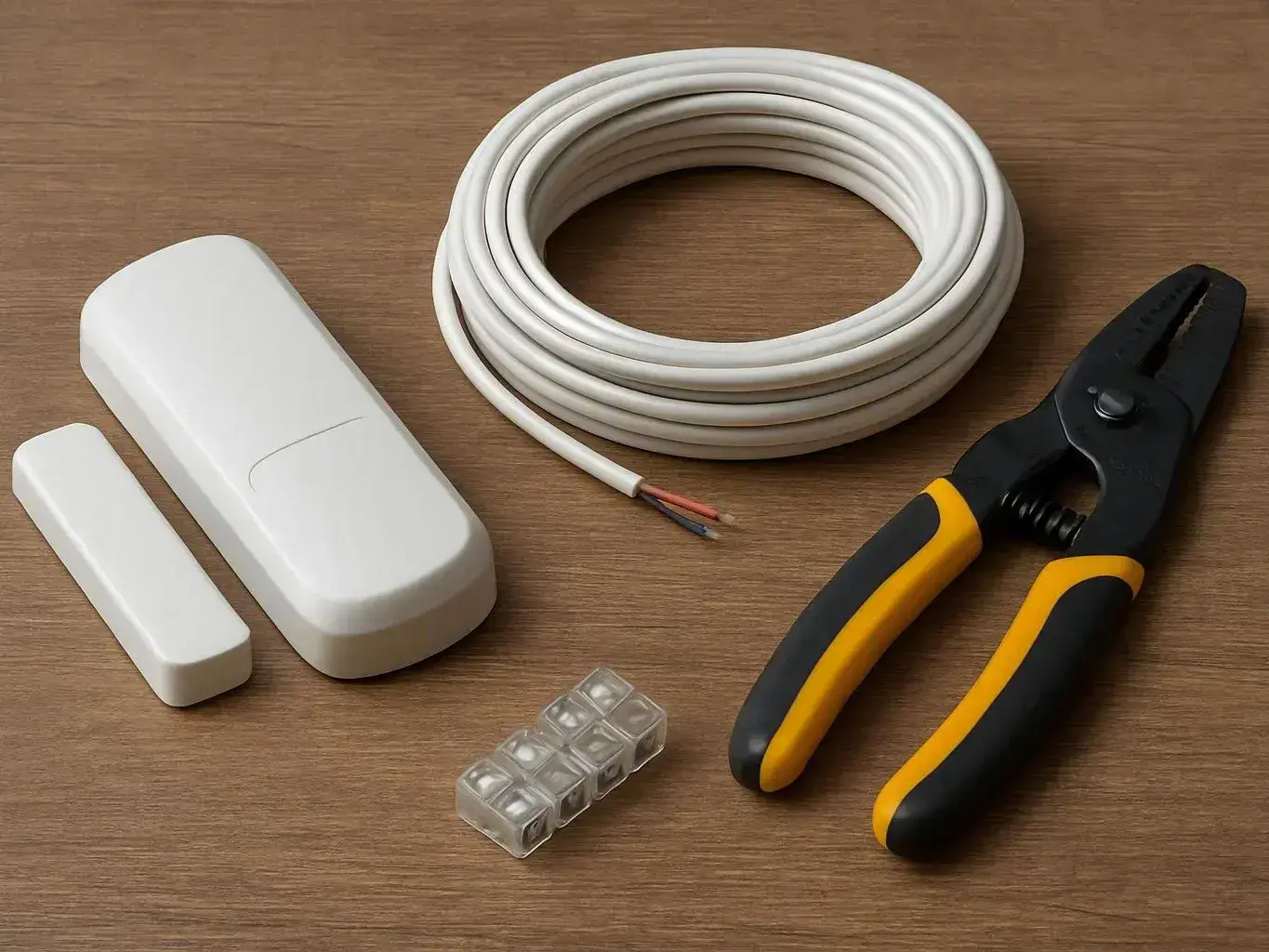 Electrical tools, cables, sensors, and connector arranged on a wooden table