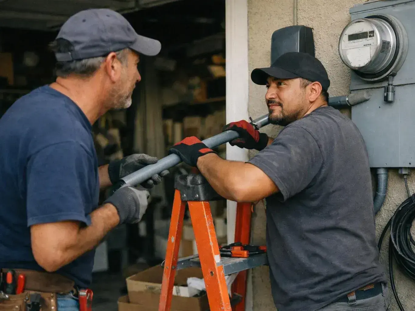 Two gloved workers hold a metal pipe beside an outdoor electrical meter