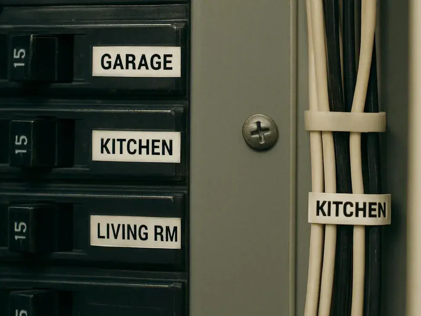 Labeled breaker panel shows garage, kitchen, and living room circuits with