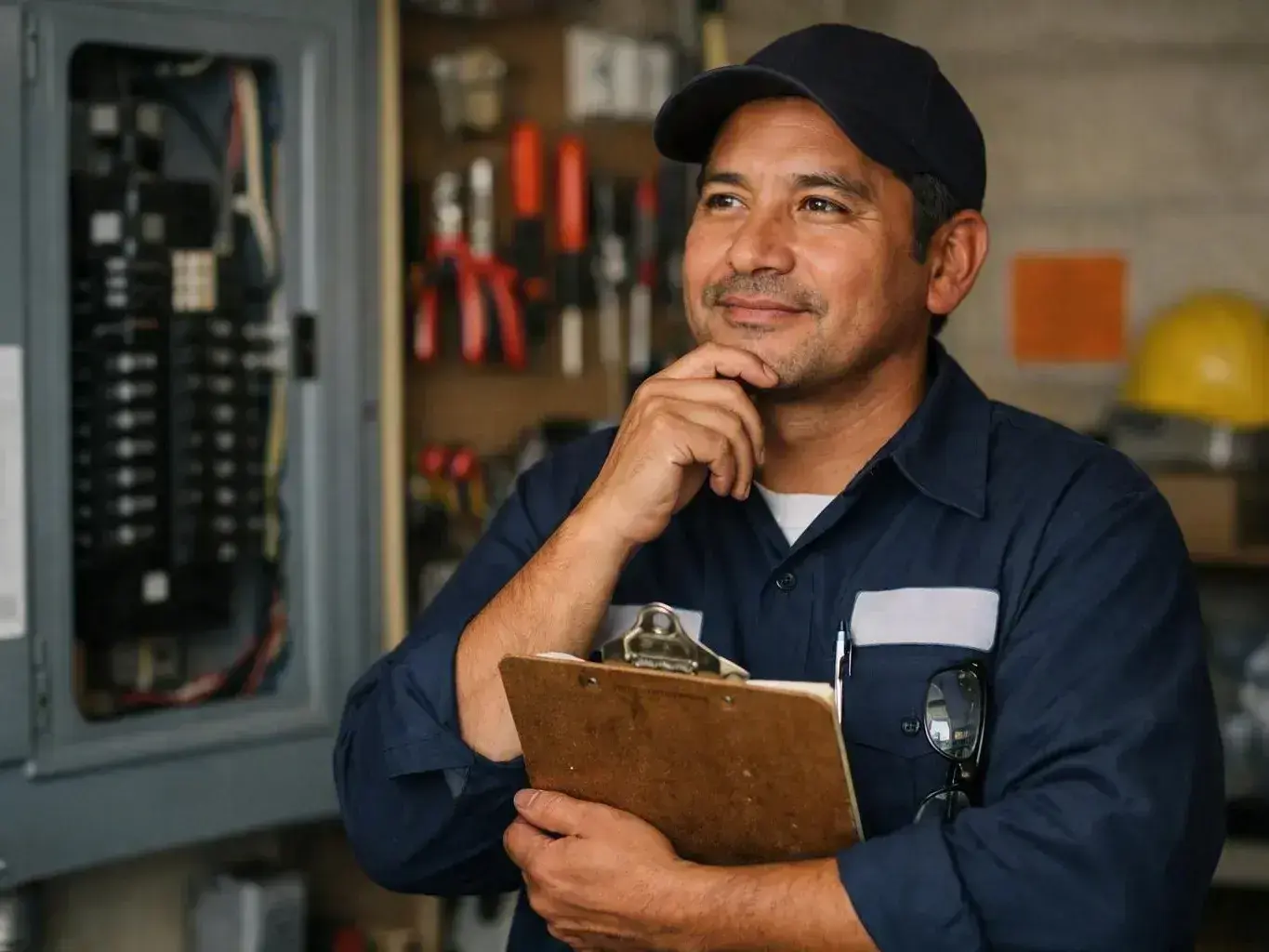Electrician holding a clipboard beside electrical panels in a workshop