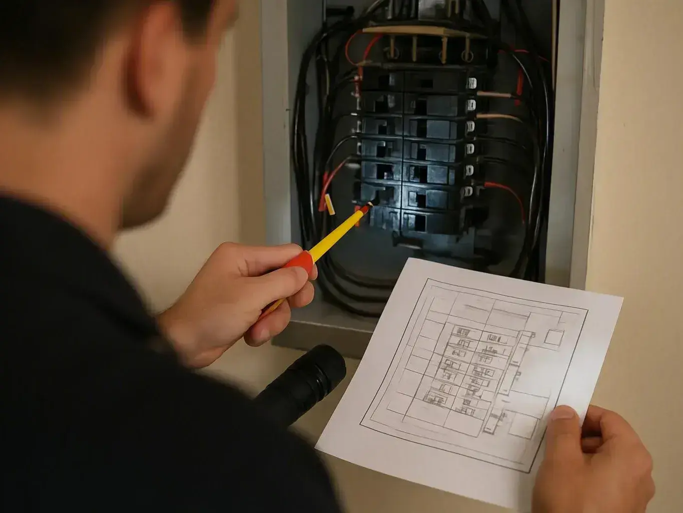 Electrician inspects an electrical breaker panel with a screwdriver and wiring