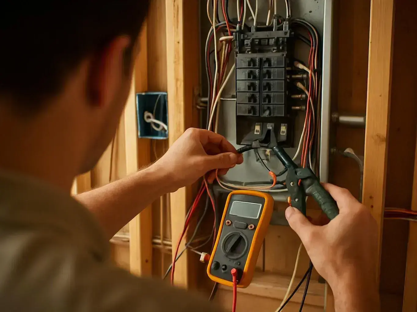 Person tests wires inside an open electrical breaker panel using a multimeter