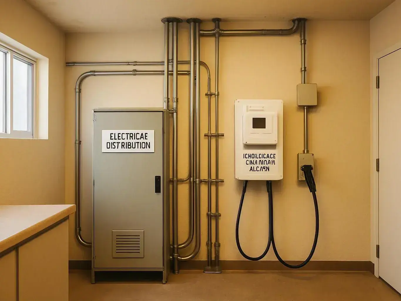 Utility room wall with electrical cabinets, exposed pipes, window, and closed