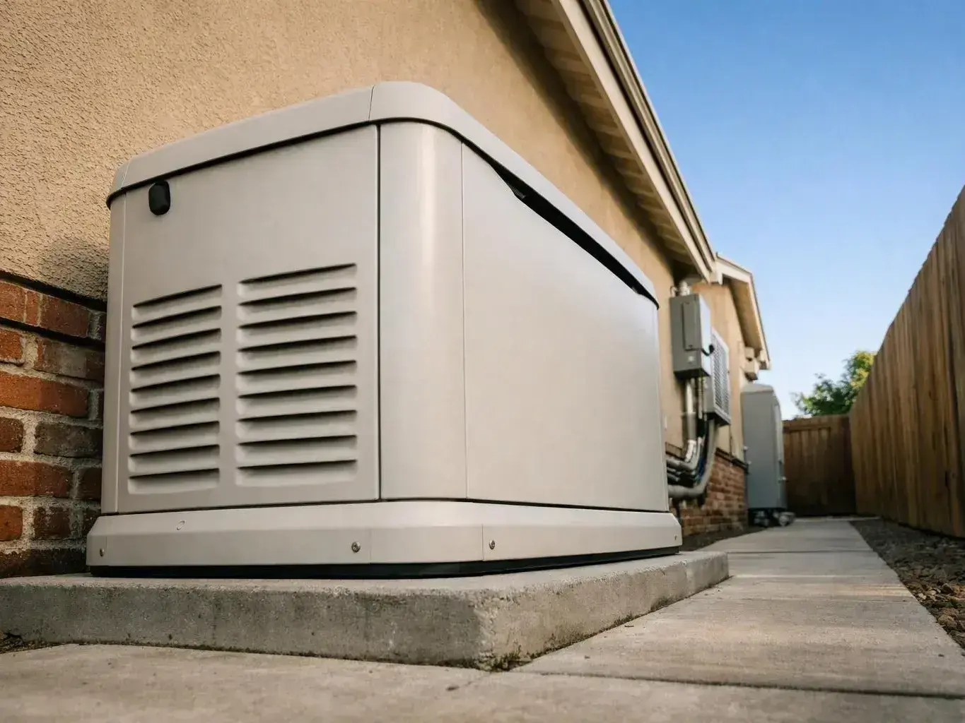 Large beige home generator resting on a concrete pad beside a fenced
