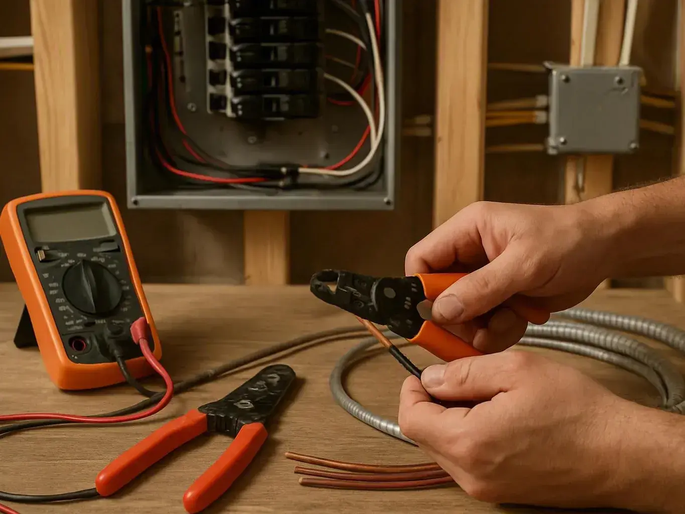 Hands strip electrical wire beside a digital multimeter and pliers in a workshop
