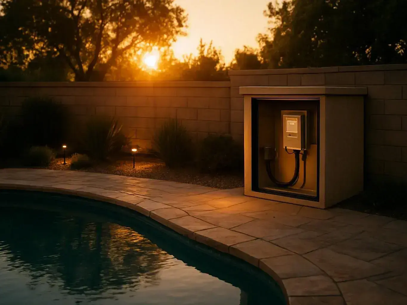 Lit outdoor electrical equipment cabinet beside a poolside stone patio at sunset