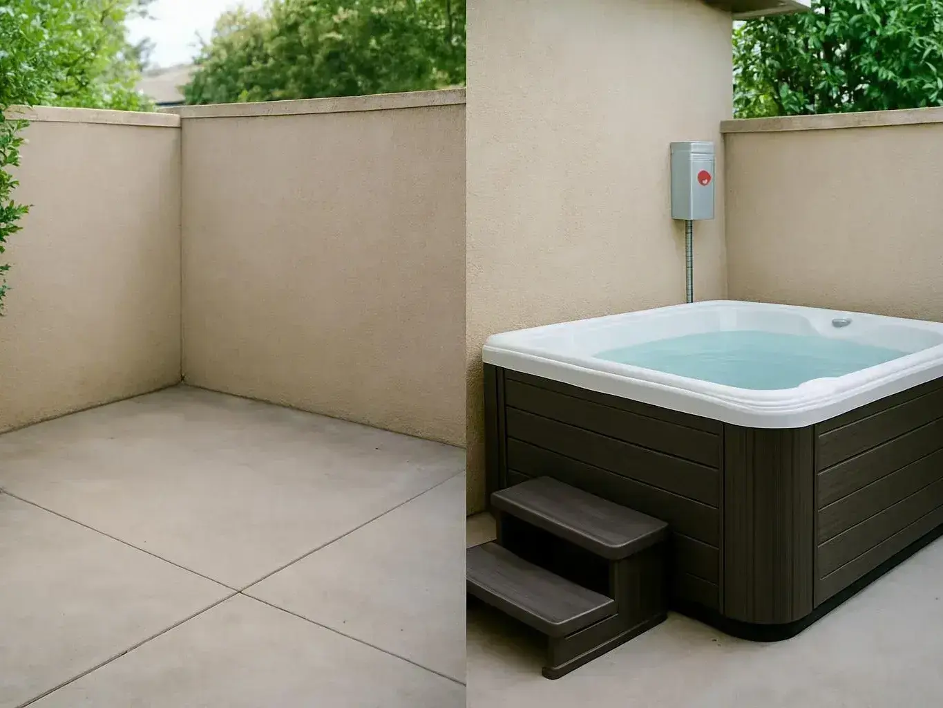 Outdoor hot tub beside an empty patio, privacy walls, and trees