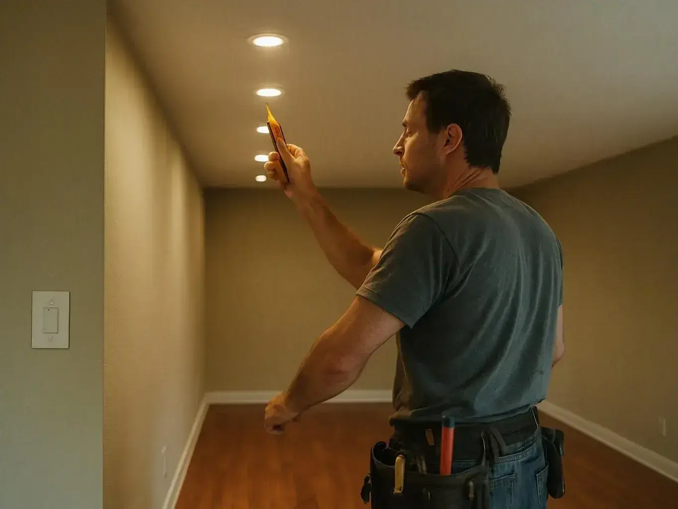 Electrician measures ceiling lights in a vacant room while holding a phone and — Which Homes Are Poor Fits for a Panel-Onl...
