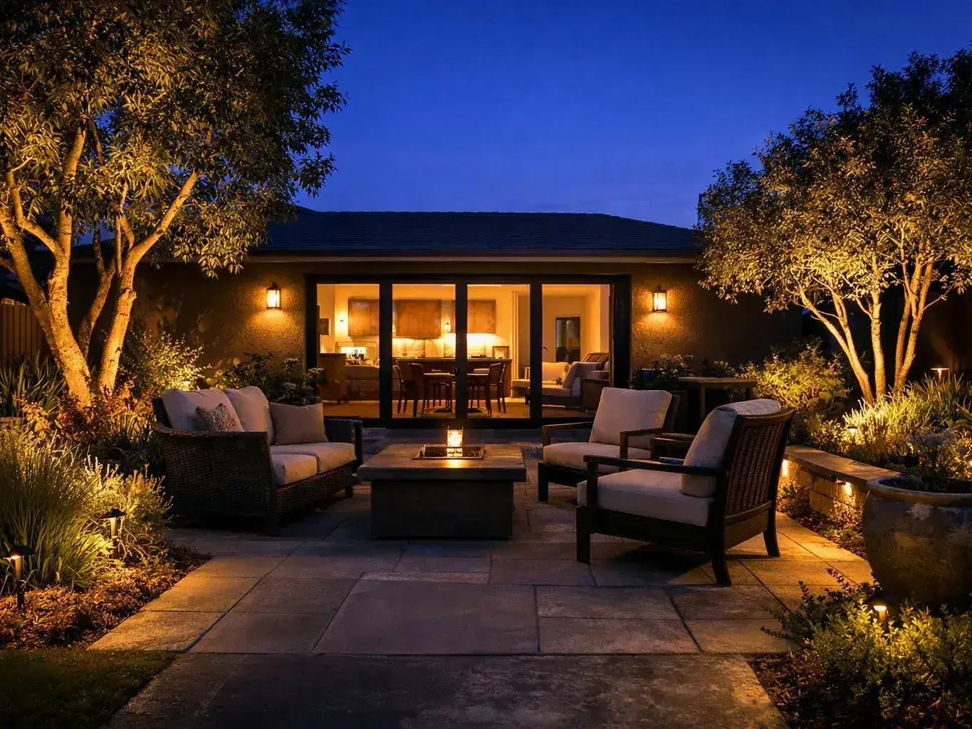 Lit backyard patio with wicker seating and a fire table outside a warmly