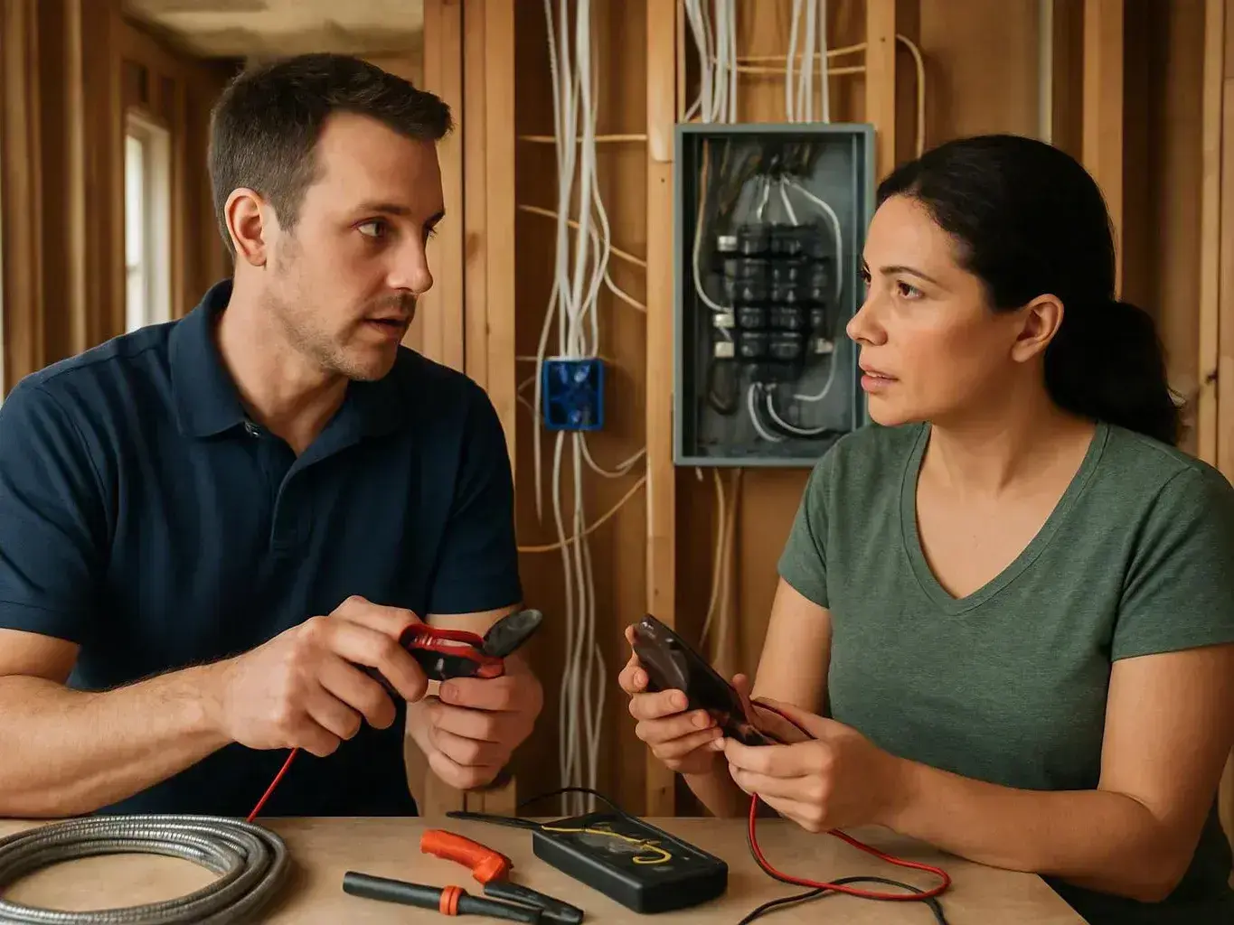 Two people inspect wiring with multimeters at a wooden workbench in an unfinished room