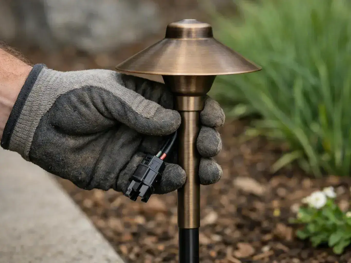 Gloved hand holding a bronze garden path light with a black wire connector