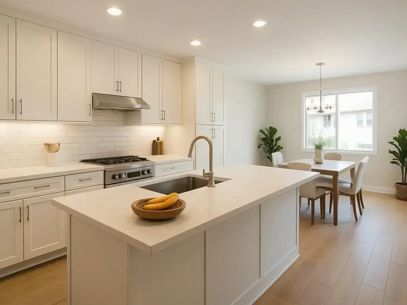 Bright modern kitchen with white cabinets, a central island, and dining table