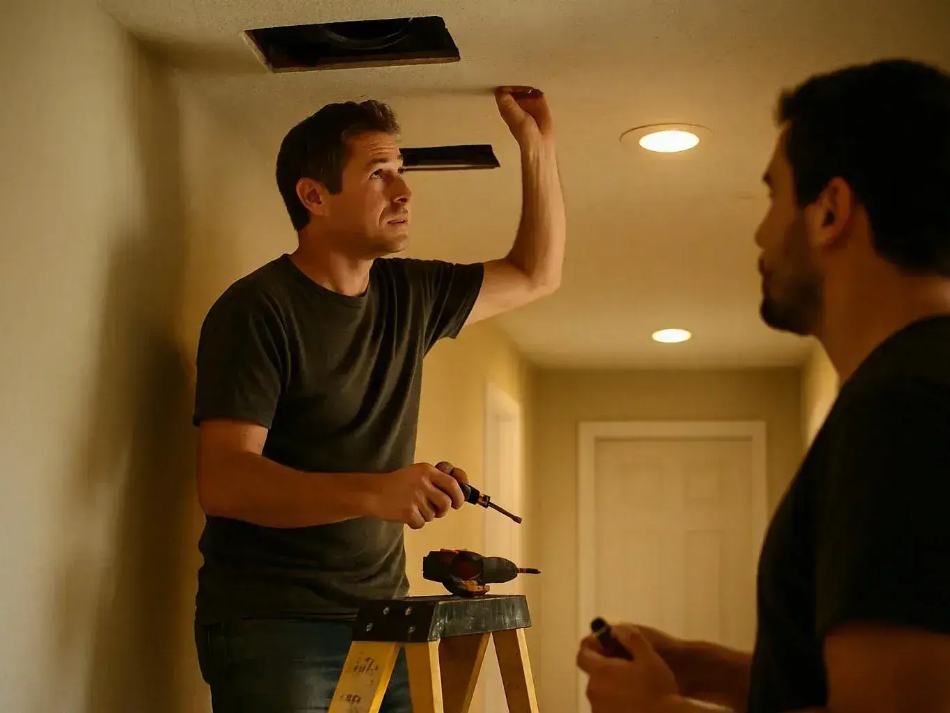 Two workers repair a ceiling in a beige hallway, one standing on a step ladder