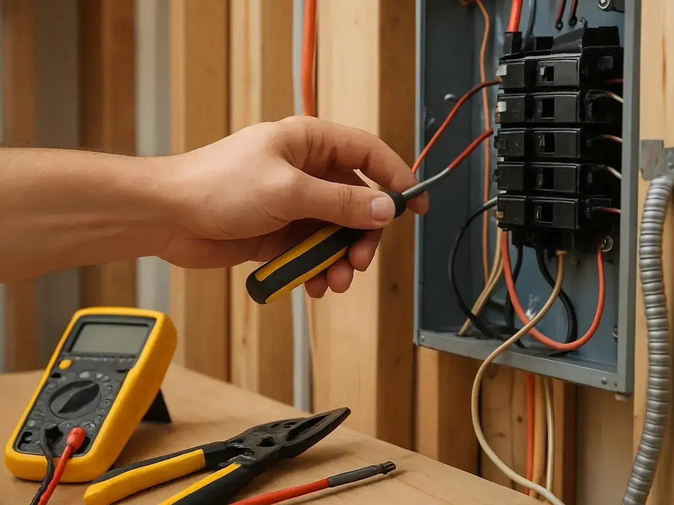 Hand uses a screwdriver on an open breaker panel beside a multimeter and pliers